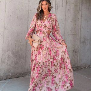VINEYARD ROMANCE FLORAL SIDE CUTOUT MAXI DRESS